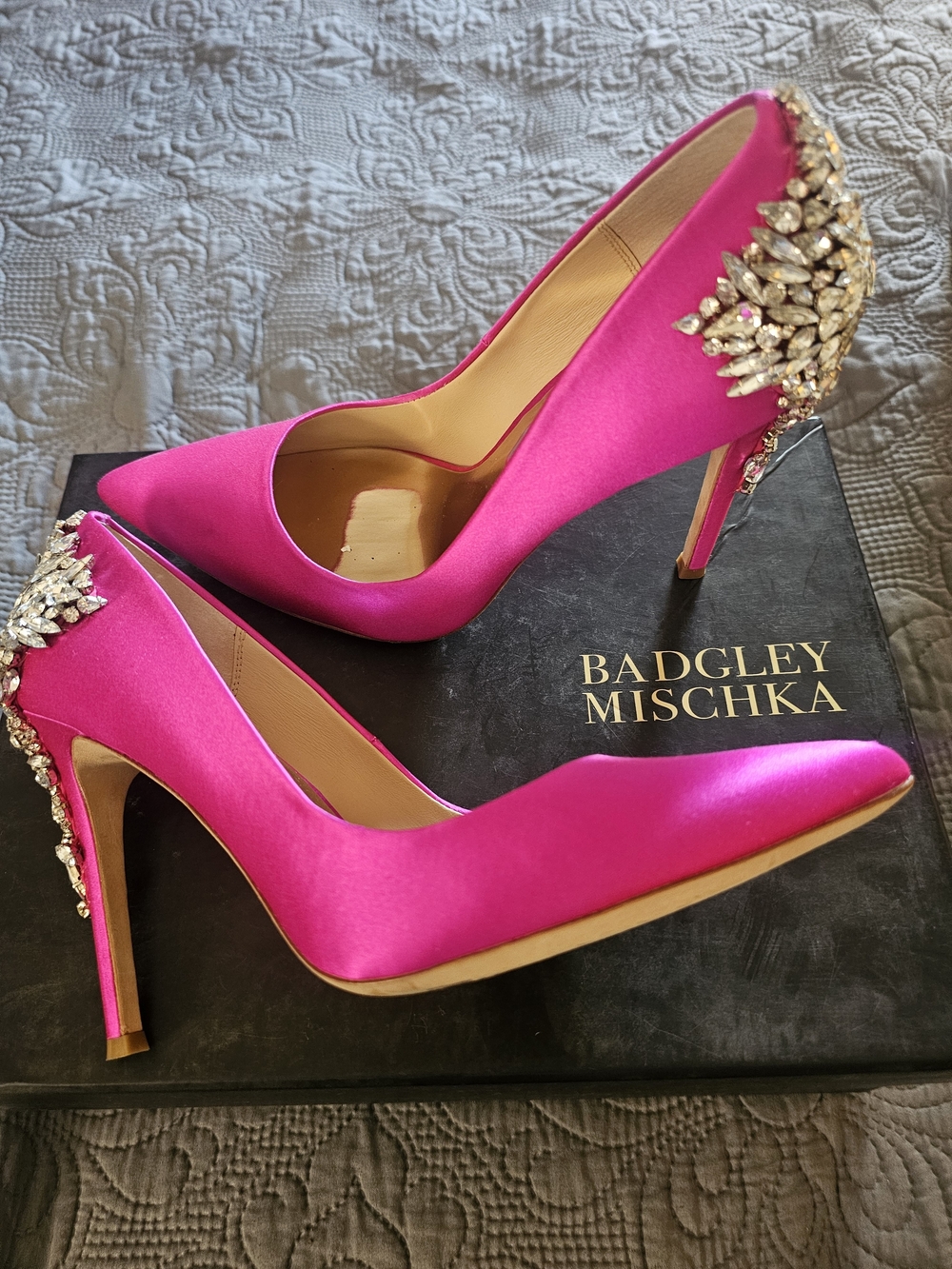 Badgley Mischka Fuchsia Satin Crystal-Embellished Pointed-Toe Pumps